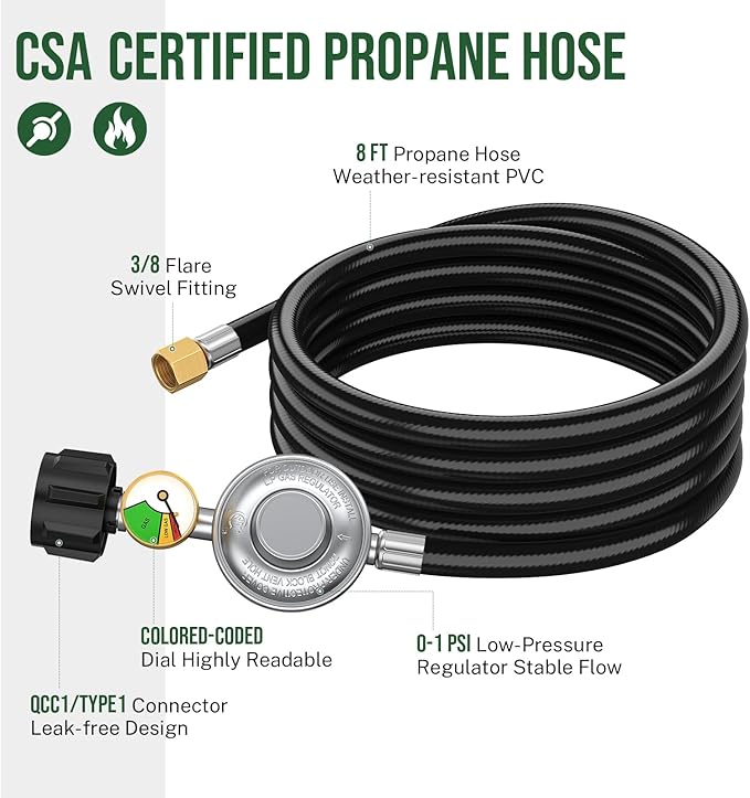 8ft Propane Regulator with Hose&Gauge, 0-1Psi Propane Hose, Gas Grill Regulator for Weber Genesis/Spirit Grill/Blackstone 28”&36” Griddle/Camp Chef Burner Stove/Fire Pit/Heater, 3/8”Gas Line