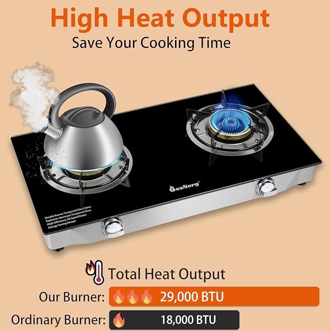 2 Burner Propane Gas Stove, 29,000 BTU High-Efficiency Auto Ignition Heavy-Duty Tempered Glass Cooktop, Includes CSA Regulator & Hose, for Outdoor Camping & Emergencies