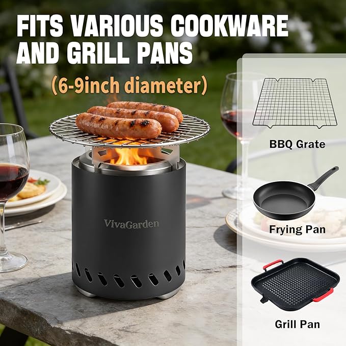 Smokeless Tabletop Fire Pit, VivaGarden Portable Outdoor Fire Pit for Camping, Patio, Backyard, Wood and Pellets Burning Camping Stove with Carry Bag, Forks, Mat and Pot Stand (9.7x7.1 Inch, Black)