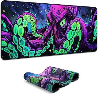 Simpkeely Blacklight Octopus Gaming Mouse Pad – UV Reactive Kraken Tentacles Desk Mat, Neon Glow in The Dark Waterproof Extended Mousepad with Non-Slip Rubber Base for Office & Home – 31.5" x 11.8"