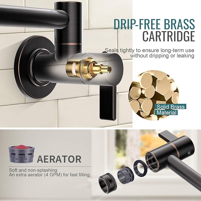 Pot Filler Faucet Oil Rubbed Bronze, ARCORA Traditional Pot Filler Wall Mount 2 Handle with Double Joint Swing Arms Brass Stove Faucet