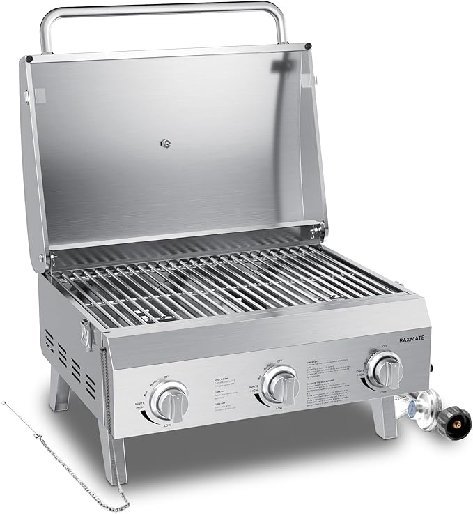 Tabletop Gas Grill 3-Burner, 22-inch Portable Propane Grill, 30,000 BTUs Stainless Steel Grill with Foldable Legs, Ideal for BBQ, Camping, Patio, Backyard, Tailgate, and Holiday Gatherings