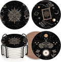 Britimes Table Coaster for Drinks Set of 6, Cute Black Mystical Animals Magic Coffee Absorbent Round Ceramic Stone Mat, with Cork Base and Metal Holder, Gift for Housewarming Room Bar Decor