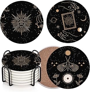 Britimes Table Coaster for Drinks Set of 6, Cute Black Mystical Animals Magic Coffee Absorbent Round Ceramic Stone Mat, with Cork Base and Metal Holder, Gift for Housewarming Room Bar Decor