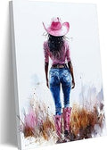 Pink Black Girl Canvas Wall Art Fashion Cowgirl Wall Decor Picture West African American Girl Wilderness Cowgirl Poster Printing for Teen Girls Room Preppy Dormitory Bedroom Artwork Home Decoration