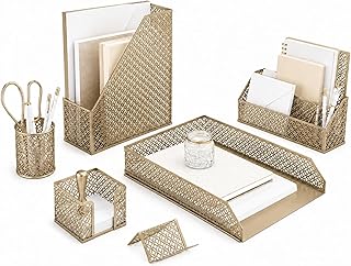 BLU MONACO | Gold Desk Organizer Set with Mail Sorter, Sticky Note Holder, Pen Cup, Magazine Holder, Letter Tray & Business Card Holder | Stylish Desk Accessories for Women & Home Office Décor