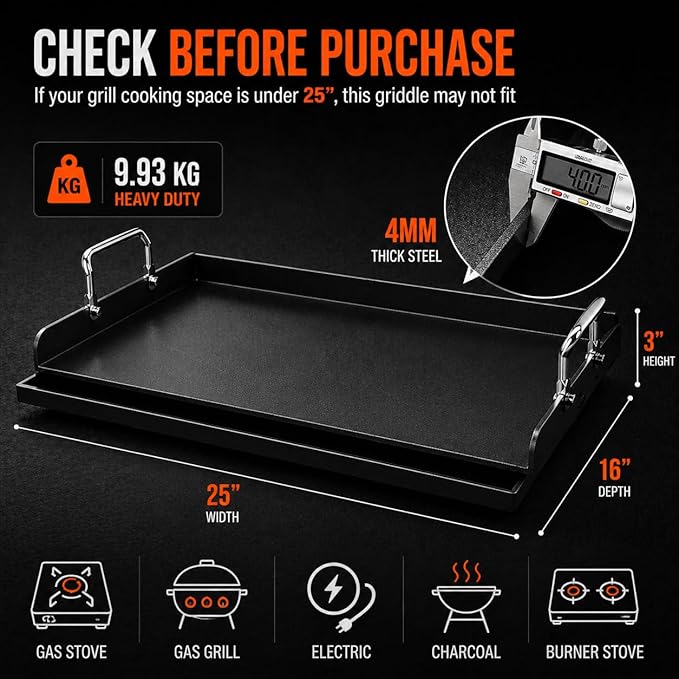Cast Iron Griddle for Gas Grill & Stove Top, 25" x 16" Flat Top Grill Griddle Plate, Heavy Duty Outdoor BBQ Griddle with Grease Drain for Camping & Tailgating