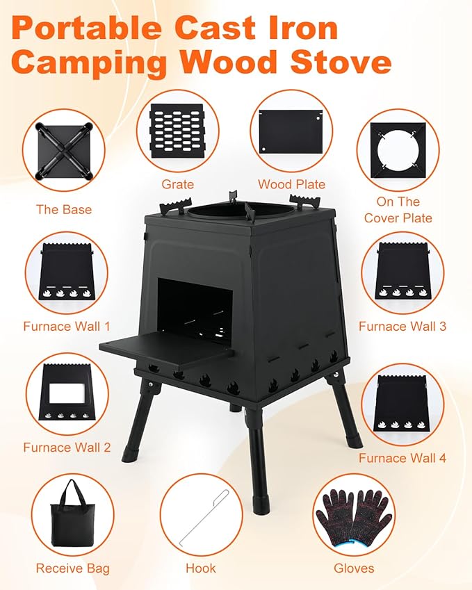 Portable Wood Burning Stove - Lightweight Cast Iron Camp Stove for Backpacking，Portable and Easy-To-Assemble Backpacking Camping Stove Kit (Black, Large)