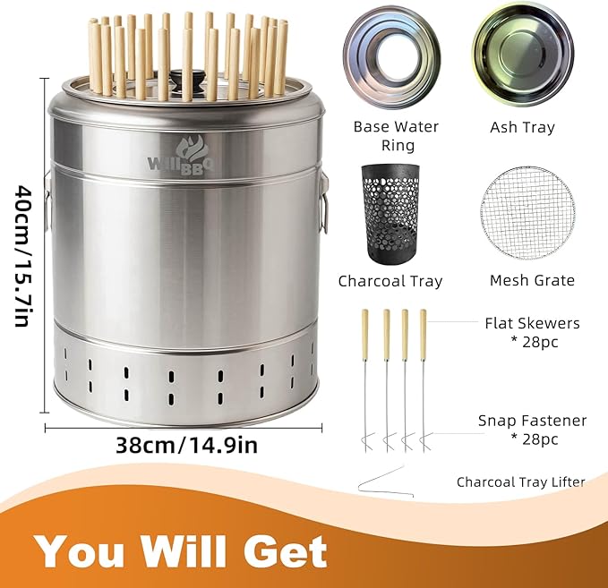 WILLBBQ Large Hanging Charcoal Grills, 360° Barrel Smoker, Stainless Steel Double-Wall Insulated, Portable for Outdoor Camping Patio (Bright Silver)