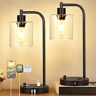 Set of 2 Industrial Table Lamps with USB C+A Ports and Outlet, Fully Stepless Dimmable Bedside Lamps for Bedrooms, Nightstand Desk Lamp with Glass Shade for Reading Living Room Office (Bulbs Included)