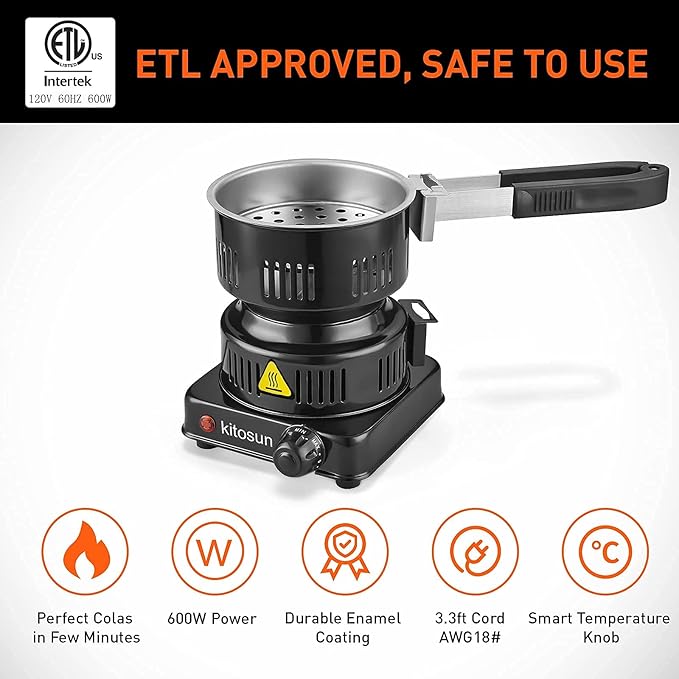 Electric Stove Coconut Charcoal Starter - ETL Approved Hot Plate Durable Faster Coal Burner 120V~600W with Detachable Handle Stainless Steel Grill & Rack Smart Heat Control Long Cable for BBQ Kitchen