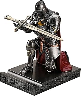 Medieval Armored Warrior Wearing Outerwear, Mobile Phone Stand Knight Pen Holder Desk Organizers, Resin Bookends Paperweight with a Letter Opener for Desk (Iron)