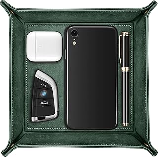 SITHON Valet Tray Desktop Storage Organizer – Premium PU Leather Catchall Bedside Vanity Tray Nightstand Caddy Holder for Keys, Phone, Wallet, Coin, Valentine's Day Gift, Dark Green
