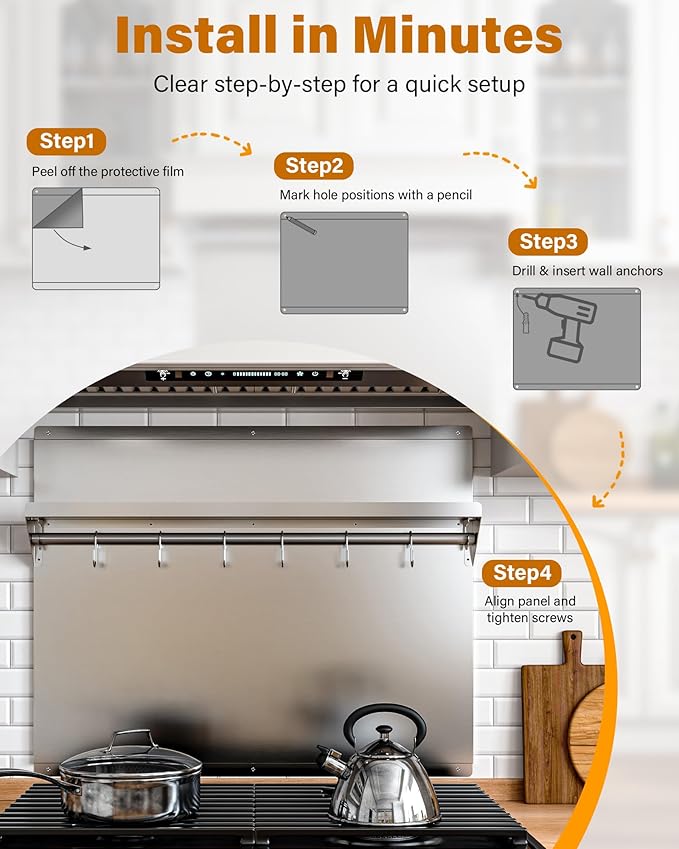24 x 30 In Stainless Steel Backsplash - Kitchen Wall Splash Guard Behind Stove with Storage Shelf and Hanging Rack, Easy Clean and Installation