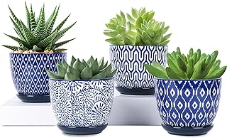 Selamica Ceramic Plant Pots, 4.6 Inch Flower Pots for Indoor Plants, Succulent Pots with Drainage Hole & Saucer, Succulent Planters for Succulent Cactus, Home Decor, Set of 4, Vintage Blue