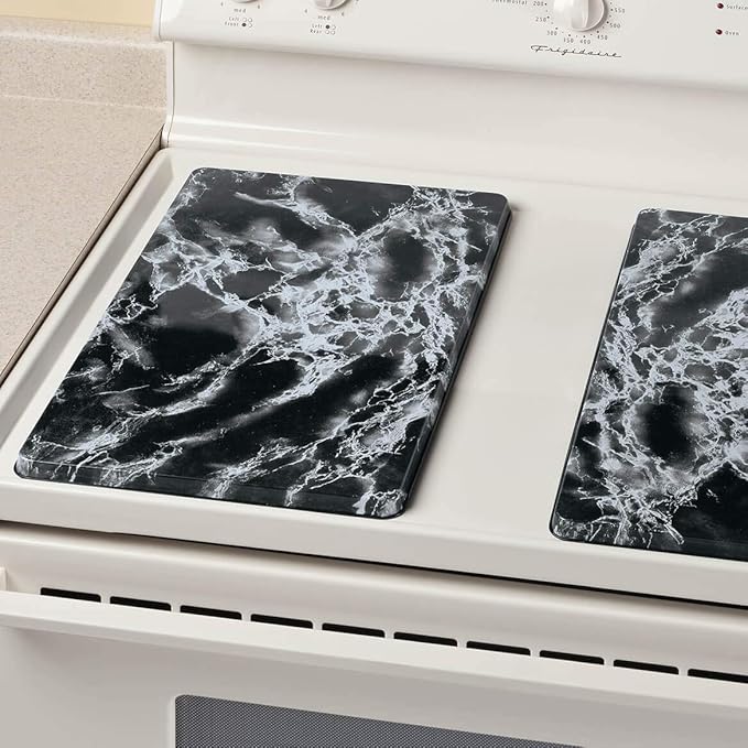 Black Marble Burner Covers, Made of Durable Smooth Metal, Easy Cleaning, Kitchen Décor - Set of 2, Each Measures 20" Long x 11 1/2" Wide x 5/8" High