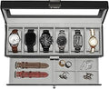 Watch Box for Men 6 Slot,Double Layer Mens Watch Case Display Organizer with Real Glass Top,Large Holder for 50mm Watches,PU Leather Jewelry Drawer Storage Valet Tray for Men,Black