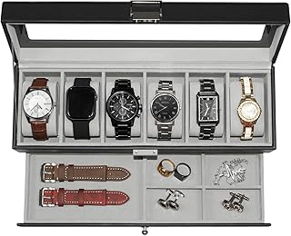 Watch Box for Men 6 Slot,Double Layer Mens Watch Case Display Organizer with Real Glass Top,Large Holder for 50mm Watches,PU Leather Jewelry Drawer Storage Valet Tray for Men,Black
