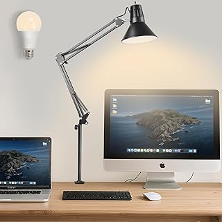 LED Clamp on Desk Lamp,360°Adjustable Swing Arm Desk Lamp,Clamp Light with Eye-Caring LED Bulb for Home Office Reading Drafting