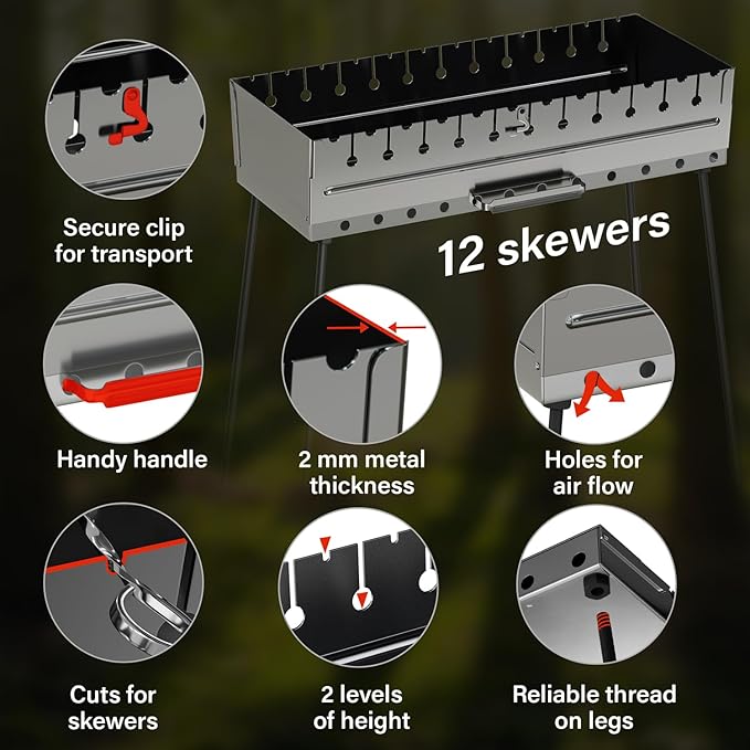 Stainless Steel Charcoal Grill for 12 Skewers – Portable BBQ 24.80"×9.45"×24.80" – Foldable Kabob Mangal – Heavy-Duty Rustproof Grill for Outdoor (Skewers Not Included)