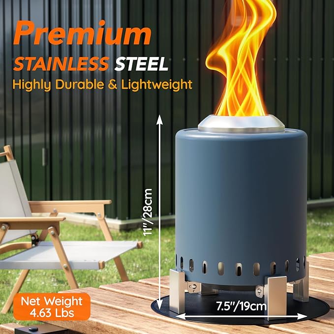 Mini Smokeless 7 Inch Tabletop Fire Pit with Pan Stand and Insulation Mat, Portable Stainless Steel Fire Pit for Camping, Patio Tabletop Firepit, Burns Wood or Pellets, Travel Bag Included, Blue