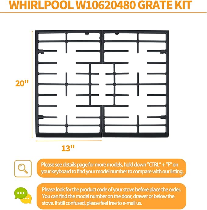 Atgestore Upgraded W10620480 Burner Grate Replacement for Whirlpool Stove Parts Cast Iron Grate WFG320M0BW3 WFG505M0BS3 Whirlpool 5 Burner Gas Range Stove Top Cooktop Surface Burner Grate Rack 1 Set