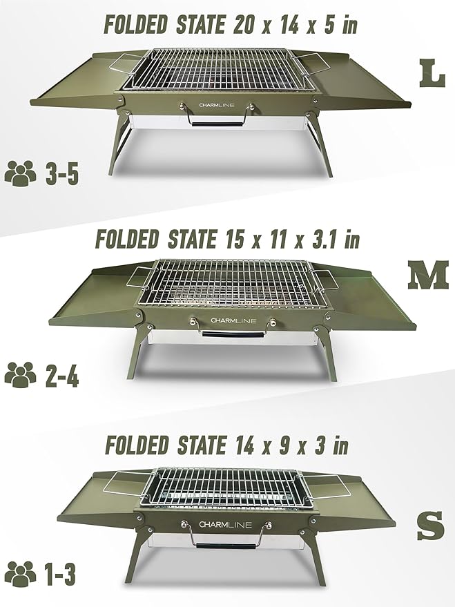 Charmline 20 x 14 inches Large Foldable Portable Charcoal BBQ Grill, Camping BBQ Grill for 3–5 People, Ideal for Camping, Garden, Beach, Picnic & Tabletop Use, Green