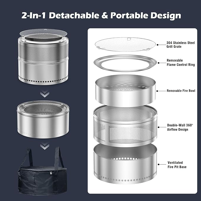 Smokeless Fire Pit with Grill Grate 20 Inch, Portable Stainless Steel Smokeless Firepit, Wood Burning Low Smoke Camping Fire Pit with Ash Pan & Carrying Bag, 360° Airflow, 16.5 lbs for RV & Patio