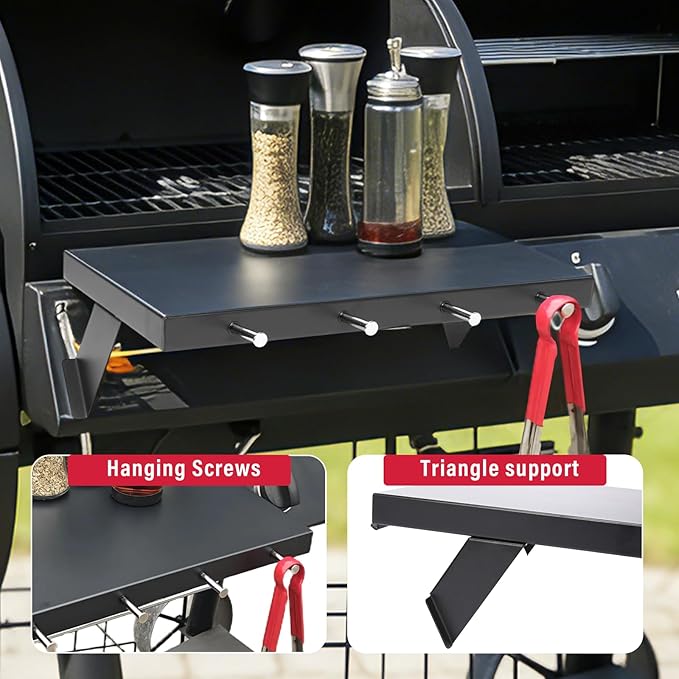 Utheer Front Shelf for Oklahoma Joe's Longhorn Combo 3-Burner Charcoal/Gas Smoker Grill, Heavy-Duty Steel Oklahoma Joe Grill Parts with 4 Tool Hooks, 17.6" x 12.1" Replacement Accessories