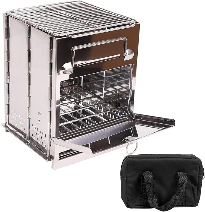 Large Portable Folding Camping Wood Stove for Outdoor Cooking, Sturdy Lightweight 304 Stainless Steel Wood Burning Camp Stove with Grill for Backpacking BBQ Silver
