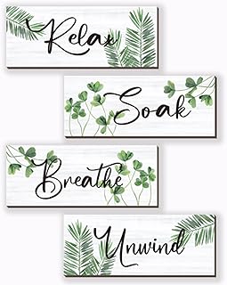 4 Pcs Farmhouse Bathroom Wall Decors Relax Soak Unwind Breathe Wooden Word Sign Green Hanging Wall Art Rustic Office Wall Decor for Bedroom Living Room Vintage Decorations(Green Leaves 10X4 Inch)