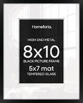 Homeforia Black Picture Frames 8x10, High End Metal 8 x 10 Photo Frame with Mat 5 by 7 Art, 10x8 Black Frame Matted to 5x7 inch Print, 8by10 Wall or Tabletop Frames, Tempered Glass, Wall Kit, Set of 1