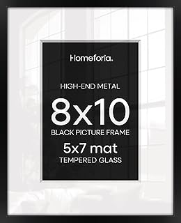 Homeforia Black Picture Frames 8x10, High End Metal 8 x 10 Photo Frame with Mat 5 by 7 Art, 10x8 Black Frame Matted to 5x7 inch Print, 8by10 Wall or Tabletop Frames, Tempered Glass, Wall Kit, Set of 1