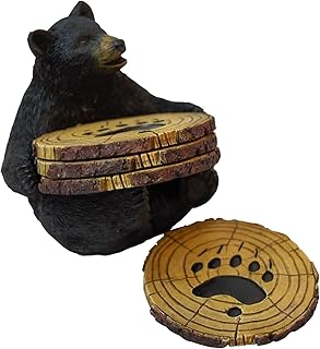 Black Bear Drink Coaster Set of 5 with Rubber Pad Base - Cool Rustic Home Table Beer and Beverage Coaster with Holder