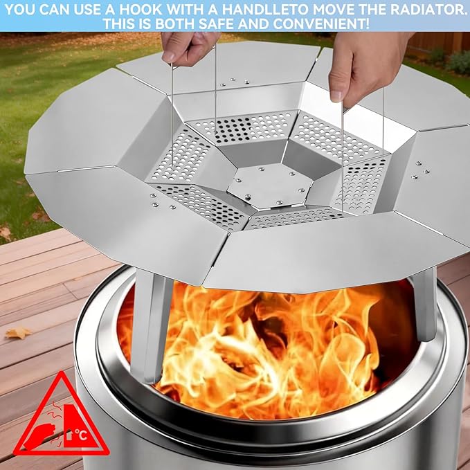 Fire Pit Heat Deflector for Solo Stove Bonfire 19.5", 304 Stainless Steel Portable Heat Diffuser Firepit Captures and Redirects Warmth with Handle & Leg, Detachable Burner Cover Accessories