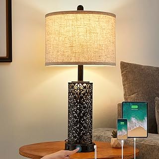 SAIWEYA 26" Farmhouse Table Lamp Dual Light 3-Way Dimmable Touch Control, 2 USB Ports + AC Outlet Rustic Bedside Lamp for Living Room Bedroom and Nightstand with Nightlight (Black-1 Pack)