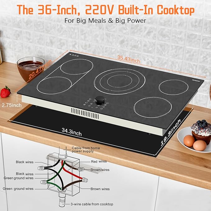 36 Inch Electric Cooktop, 5 Burner Stove Top 9600W, Built in Electric Cooktop 36", Magnetic Knob, Three-ring Burner & BBQ, Timer, Safety Lock, Pause, 220V-240V Hard Wire (No Plug)