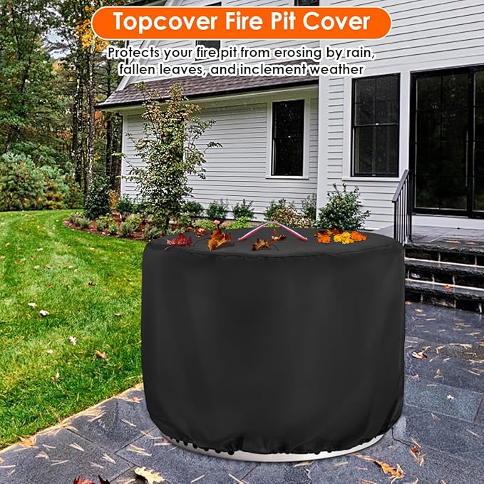 Round Fire Pit Cover,24 Inch 600D Waterproof Outdoor Propane Fire Column Cover For 23 Inch Cylinder Firepit, Patio Fireplace Cover - 24"D x 27"H