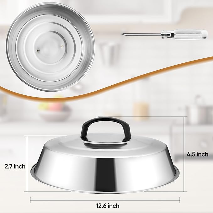 HaWare 12.6 Inch Cheese Melting Dome Wok Lids, Round Stainless Steel Basting Cover Lids with Heat Resistant Handle, for Flat Top Griddle Grill Cooking Indoor or Outdoor, Camp BBQ Accessories, 2 Domes