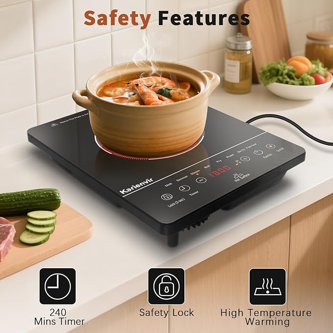 Single Burner Electric Cooktop, Portable Electric Stove 110v with plug, Touch Stove Electric with Safety Lock, Timer, Kitchen Cooking Electric Stove With 9 Power Levels, 1800W