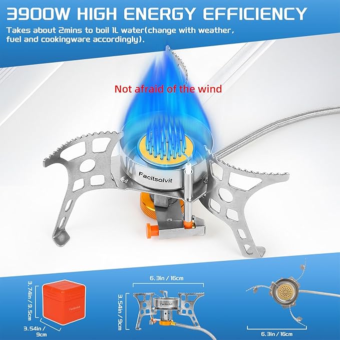 3900W Portable Windproof Camping Stove Gas Cooking Burner, Lightweight Propane Burners with Piezo Ignition and Carrying Bag for Outdoor Backpacking Picnic Hiking