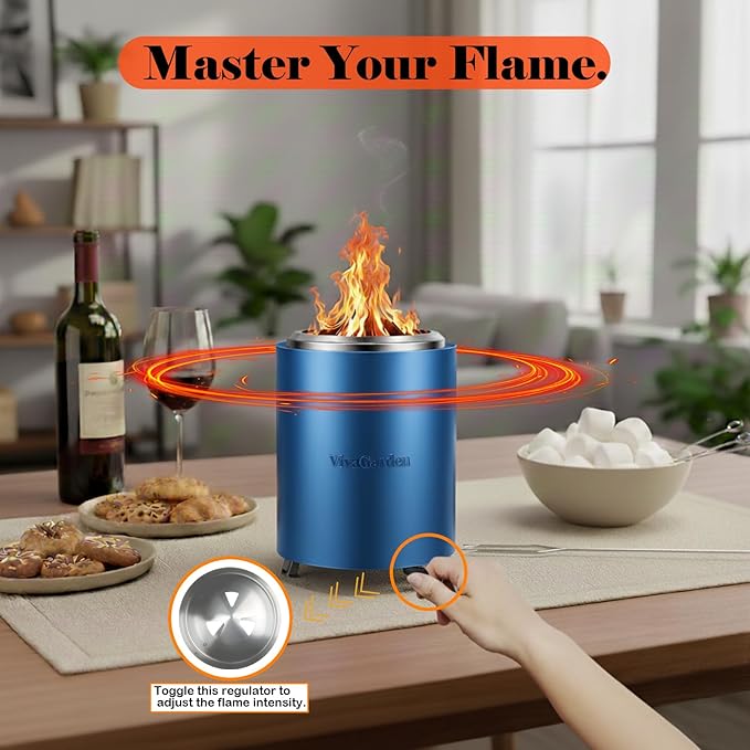 Portable Tabletop Fire Pit, VivaGarden Smokeless Table Top Fire Pit, Wood Burning & Pellets Outdoor Camping Stove with Carry Bag, Forks and Mat (9.7x7.1 Inch, Blue)