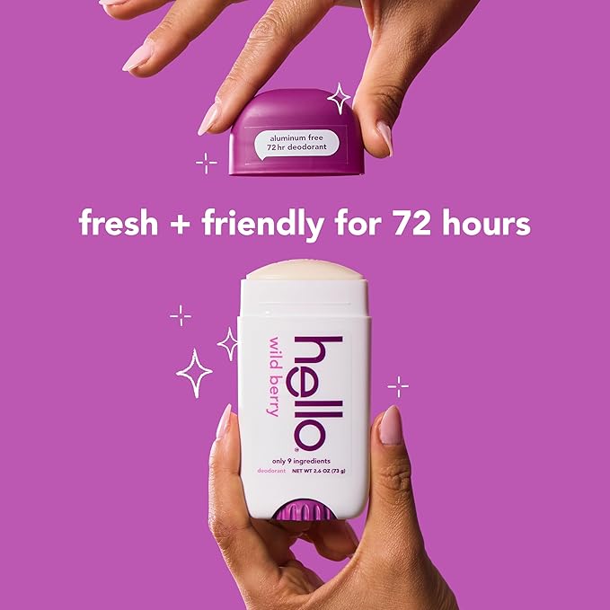 hello Wild Berry Aluminum Free Deodorant for Women and Men, 72-Hour Deodorant, Only 9 Ingredients, Baking Soda Free, Enriched with Shea Butter, Vegan, 2.6 oz Stick Deodorant (2 Pack)