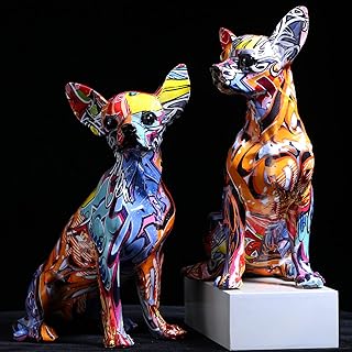 orenm Colorful Chihuahua Statue Graffiti Art Dog Figurine Resin Indoor Home Decor Splash Color Animal Sculpture Ornament Puppy Modern Office Desktop Decoration (Graffiti-A)