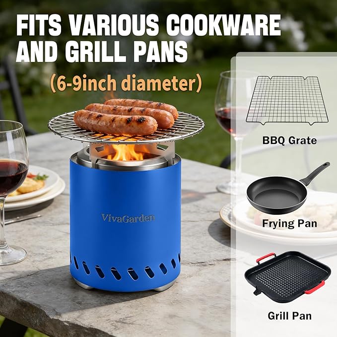 Smokeless Tabletop Fire Pit, VivaGarden Portable Outdoor Fire Pit for Camping, Patio, Backyard, Wood and Pellets Burning Camping Stove with Carry Bag, Forks, Mat and Pot Stand (9.7x7.1 Inch, Blue)