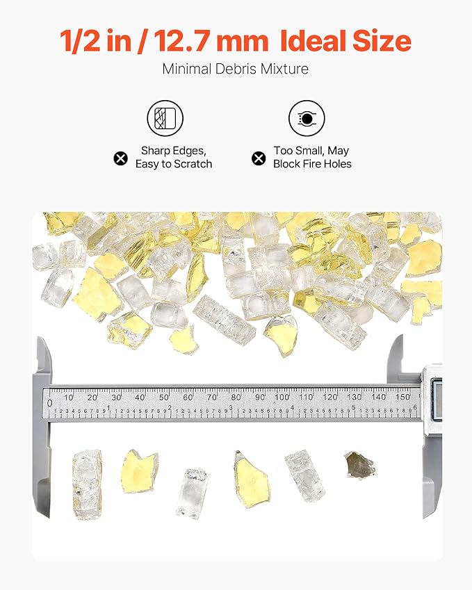 VEVOR Fire Glass, 10 lbs, Gold, 1/2 Inch High-Temperature Resistant Reflective Glass Rocks, Smokeless Fire Pit Stones for Outdoor Table & Landscaping