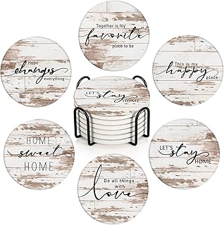 Coasters for Drinks Set of 6, Vintage Rusty Wood Farmhouse Home Happy Saying Absorbent Round Ceramic Stone Mat, with Cork Base and Metal Holder, Gift for Housewarming Room Bar Decor