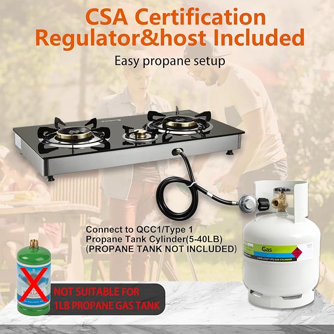 Propane Stove 3 Burner Gas Stove, 34000 BTU High-Efficiency Auto Ignition Tempered Glass LPG Cooktop with CSA Regulator and Hose – for Outdoor Camping, RV, and Emergency Cooking
