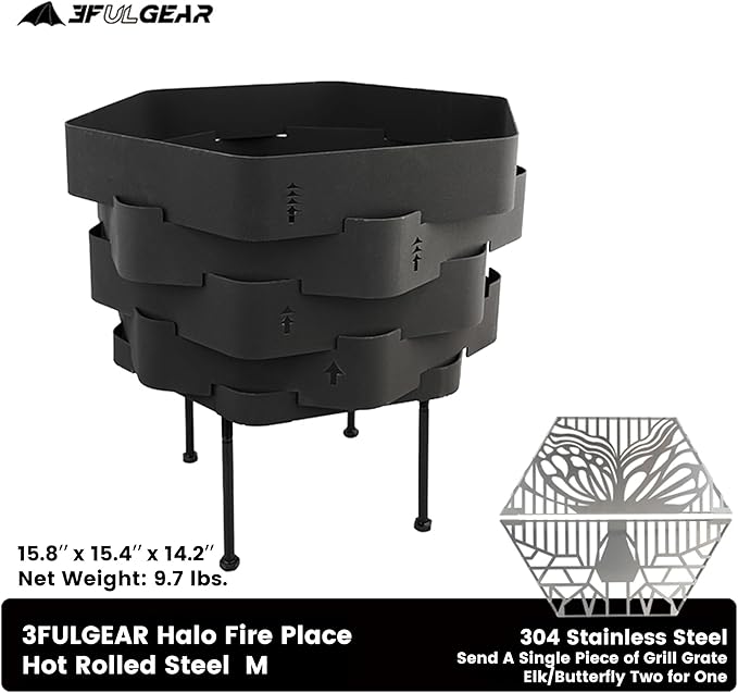 Fire Pit, Halo Fire Place Outdoor Portable Wood Fire Pits Includes A Grill, A Bag, Hexagonal Fireplace for Patio Camping Gift (Hot-Rolled Steel Firepit with a Grill, Medium)