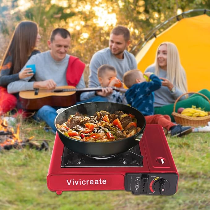 Vivicreate Portable Butane Stove 8500 BTU, Butane Stove with Auto Ignition for Camping, Lightweight Portable Gas Stove Burner with Safety Lock, Butane Burner, Estufa de Gas Portatil(Red)